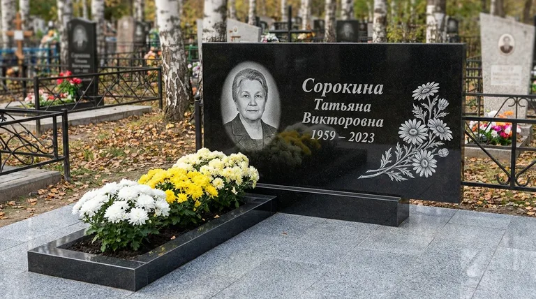 Памятник с гравировкой ромашек — выполненная работа «Сорокина» в Альметьевске