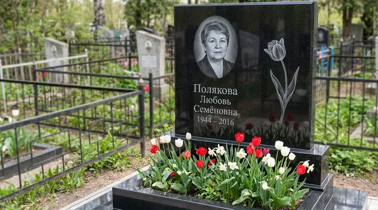 Памятник с гравировкой тюльпанов — выполненная работа «Полякова» в Альметьевске