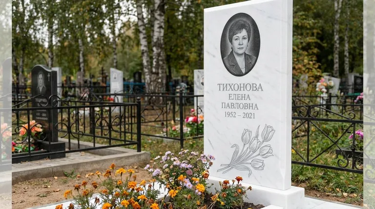 Памятник с гравировкой тюльпанов — выполненная работа «Тихонова» в Альметьевске