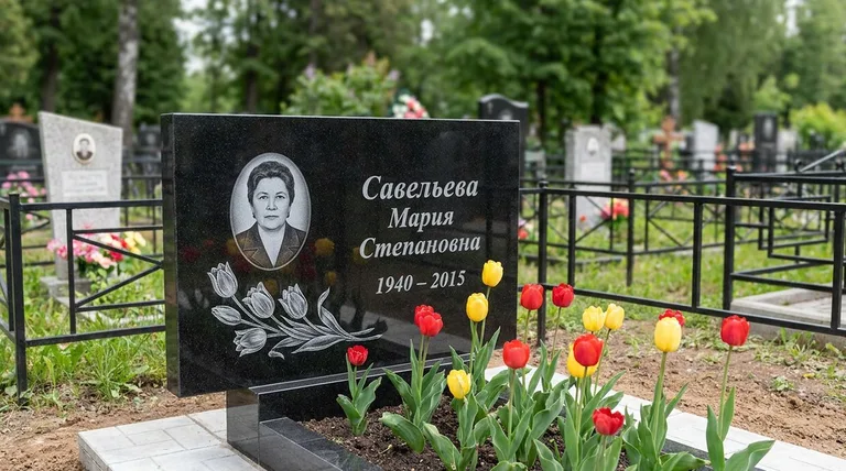 Памятник с гравировкой тюльпанов — выполненная работа «Савельева» в Альметьевске