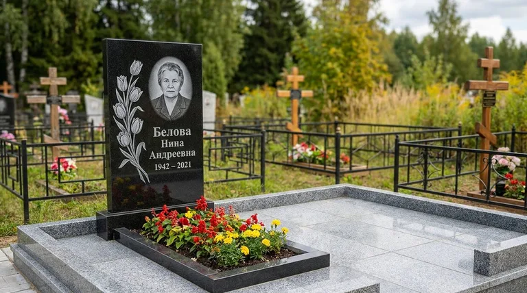 Памятник с гравировкой тюльпанов — выполненная работа «Белова» в Альметьевске