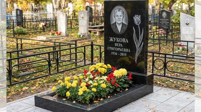 Памятник с гравировкой тюльпанов — выполненная работа «Жукова» в Альметьевске
