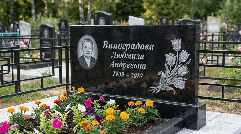 Памятник с гравировкой тюльпанов — выполненная работа «Виноградова» в Альметьевске