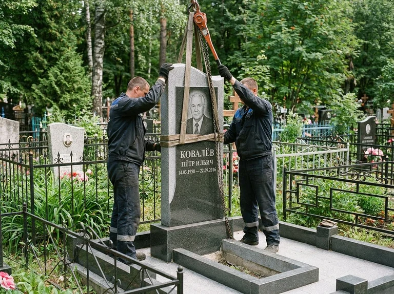 Демонтаж памятника на кладбище в Альметьевске — бригада аккуратно снимает старый гранитный памятник с могилы