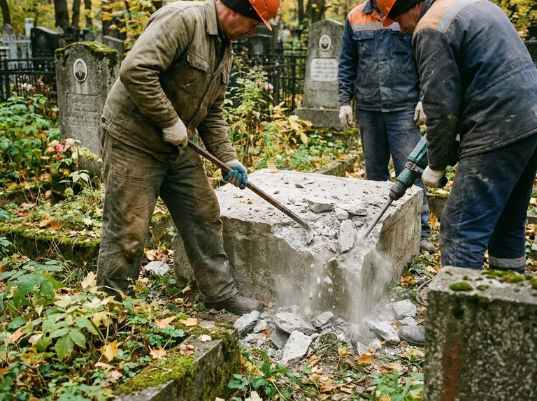 Демонтаж бетонного цоколя и тумбы памятника в Альметьевске