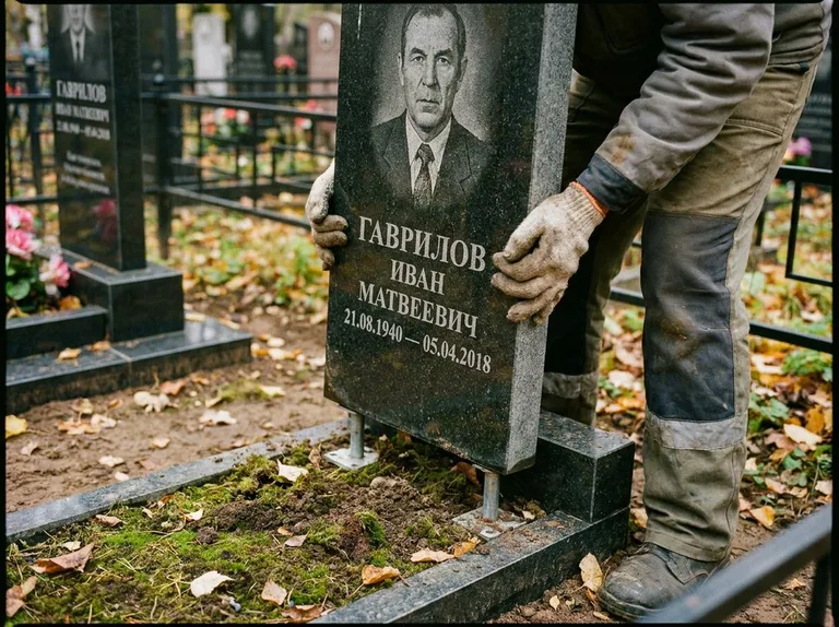 Демонтаж гранитного памятника (стелы) с могилы в Альметьевске