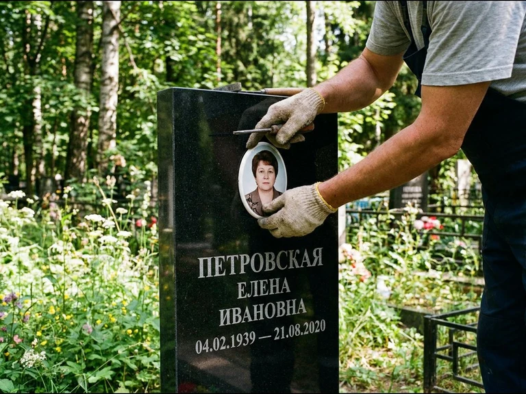 Фото на керамике на памятник в Альметьевске — мастер устанавливает овальный керамический портрет на гранитный памятник