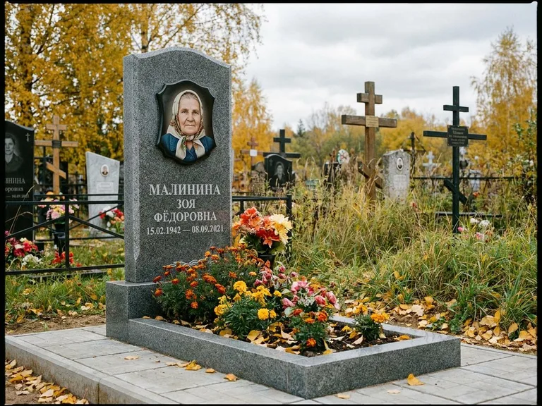 Чёрно-белый керамический портрет на памятнике в Альметьевске