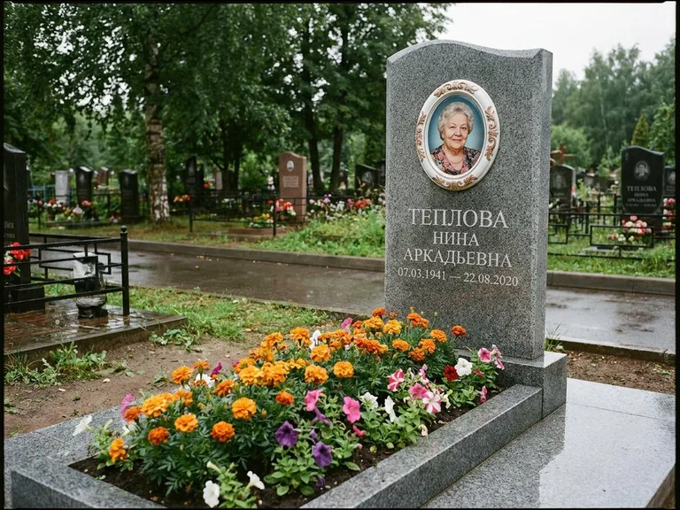 Керамический портрет на памятнике с цветами в Альметьевске