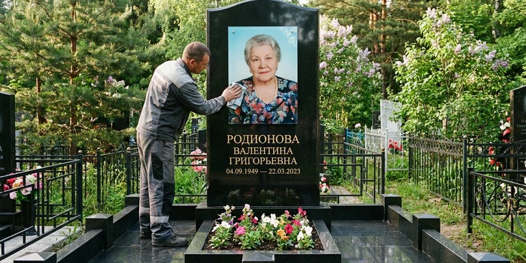 Фотокерамика и печать фото на памятник в Альметьевске — мастер устанавливает цветной портрет на стекле на гранитный памятник