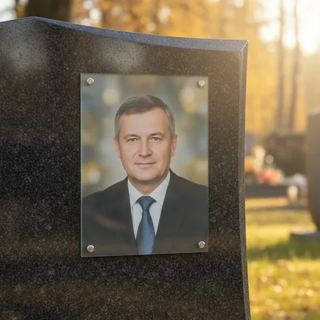 Портрет на стекле на держателях на чёрном граните в Альметьевске