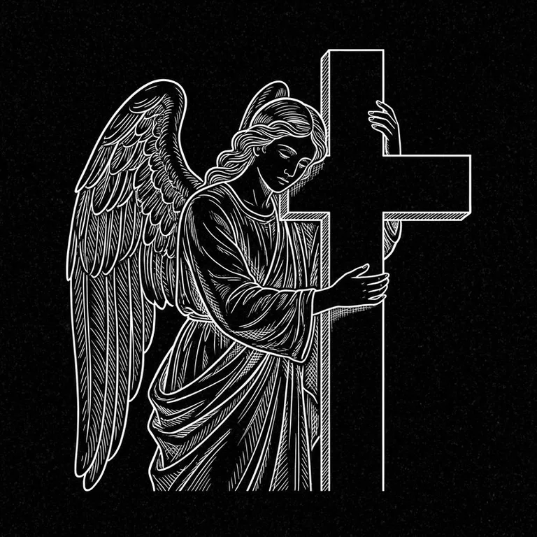 Эскиз гравировки ангела на памятник — ангел, обнимающий крест в Альметьевске