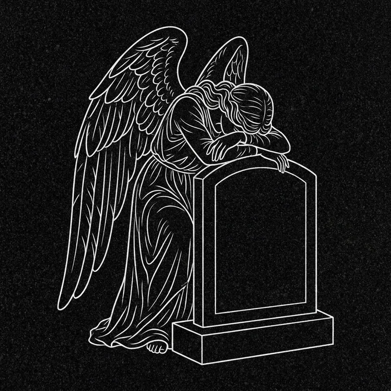 Эскиз гравировки ангела на памятник — печальный ангел у плиты в Альметьевске
