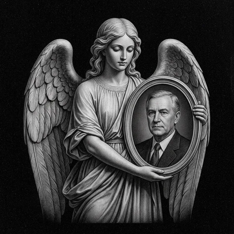 Эскиз гравировки ангела на памятник — объёмный ангел с портретом в Альметьевске