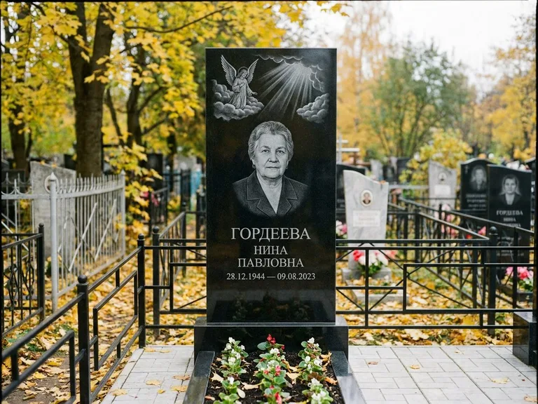 Памятник с гравировкой ангела — гравировка ангела в облаках с лучами над портретом, работа «Гордеева» в Альметьевске