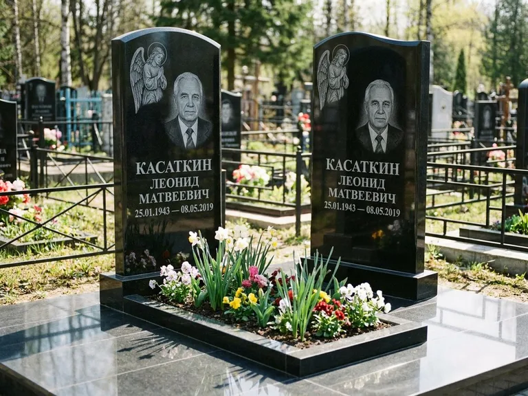 Памятник с гравировкой ангела — гравировка молящегося ангела в верхней части стелы, работа «Касаткин» в Альметьевске