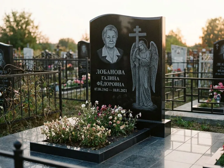 Памятник с гравировкой ангела — гравировка ангела с крестом рядом с эпитафией, работа «Лобанова» в Альметьевске