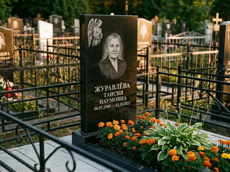 Памятник с гравировкой ангела — гравировка молящегося ангела в верхней части стелы, работа «Журавлёва» в Альметьевске