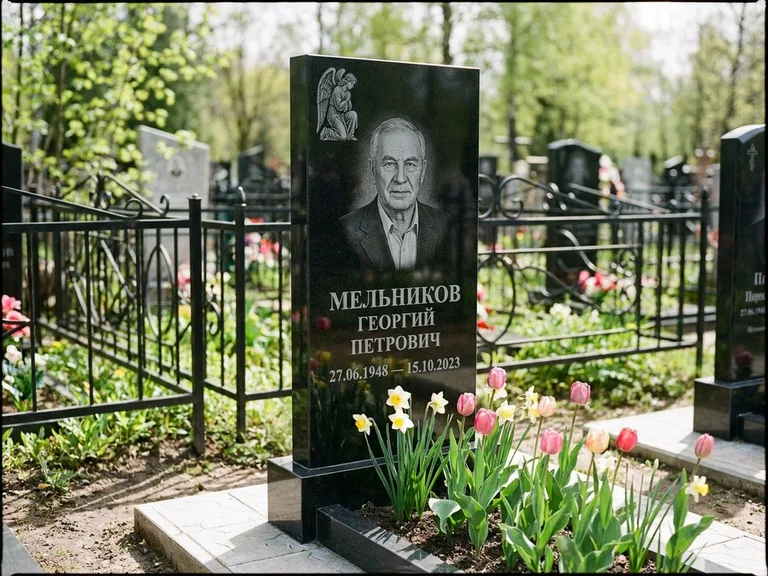Памятник с гравировкой ангела — гравировка ангела с голубем по диагонали стелы, работа «Доронин» в Альметьевске