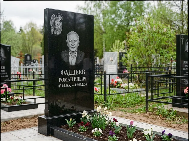 Памятник с гравировкой ангела — гравировка молящегося ангела в верхней части стелы, работа «Фаддеев» в Альметьевске