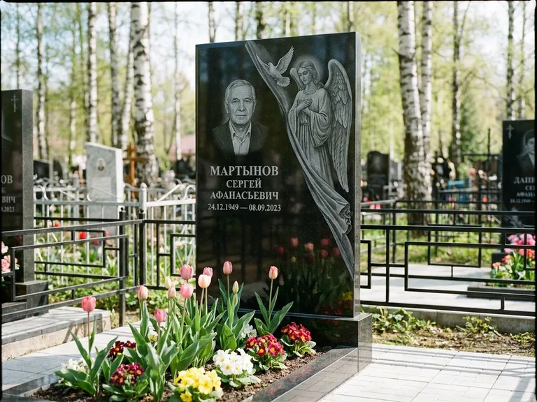 Памятник с гравировкой ангела — гравировка двух ангелов по сторонам портрета, работа «Касаткин» в Альметьевске