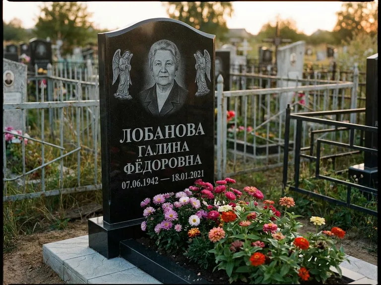 Памятник с гравировкой ангела — гравировка двух ангелов по сторонам портрета, работа «Лобанова» в Альметьевске