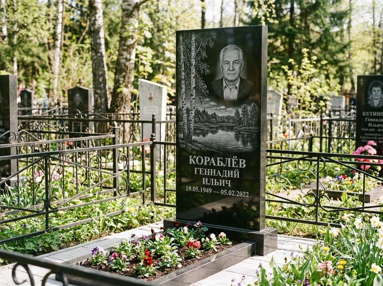 Памятник с гравировкой берёзы — гравировка берёзы у зеркального озера, работа «Кораблёв» в Альметьевске