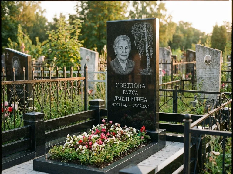 Памятник с гравировкой берёзы — гравировка плакучей берёзы с тонкими ветвями, работа «Светлова» в Альметьевске