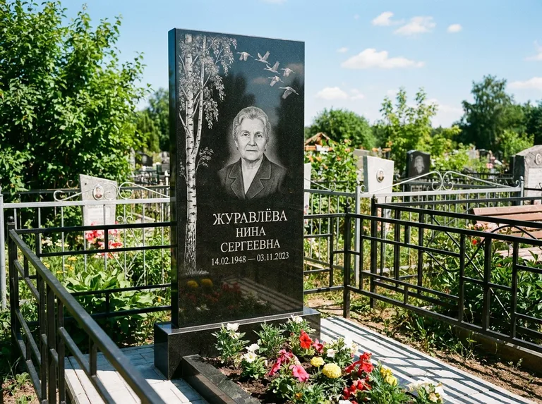 Памятник с гравировкой берёзы — гравировка берёзы с журавлиным клином в небе, работа «Журавлёва» в Альметьевске
