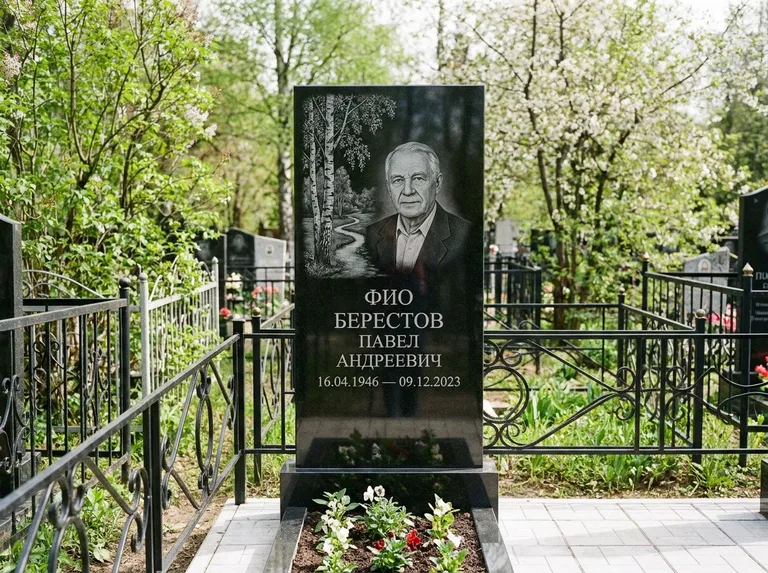 Памятник с гравировкой берёзы — гравировка берёзы у тропинки, уходящей вдаль, работа «Берестов» в Альметьевске