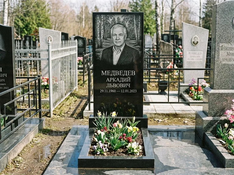 Памятник с гравировкой берёзы — гравировка берёзовой рощи в глубину, работа «Медведев» в Альметьевске