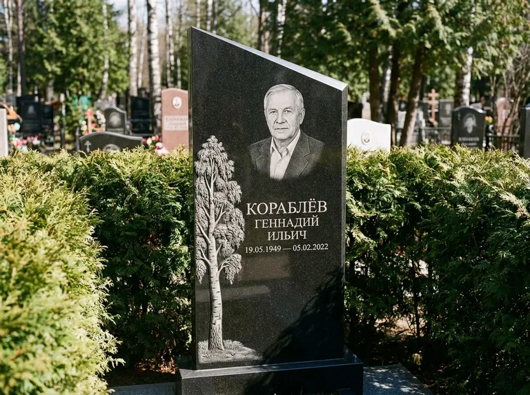 Памятник с гравировкой берёзы: асимметричная скошенная стела — объёмная одинокая берёза с фактурной корой, живая изгородь из туи, работа «Кораблёв» в Альметьевске