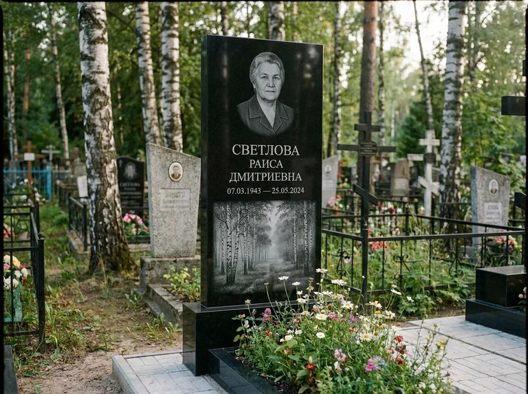 Памятник с гравировкой берёзы: двойная семейная стела — берёзовая роща в лёгкой дымке, цветник с полевыми цветами, работа «Светлова» в Альметьевске