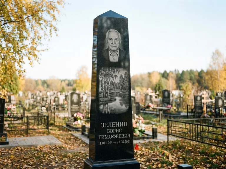 Памятник с гравировкой берёзы: гранёный обелиск-колонна — берёза у воды с отражением, открытый участок, мягкий свет, работа «Зеленин» в Альметьевске