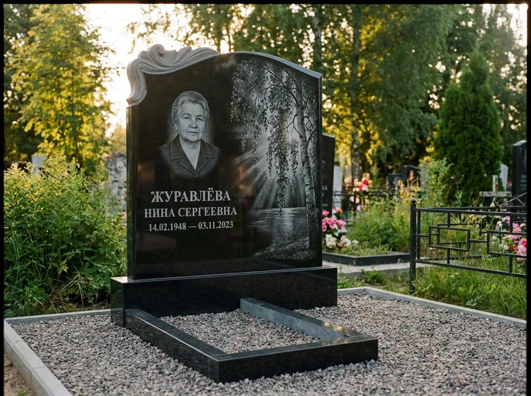 Памятник с гравировкой берёзы: стела с фигурным резным верхом — плакучая берёза в контровом свете, гравийная отсыпка, рассвет, работа «Журавлёва» в Альметьевске