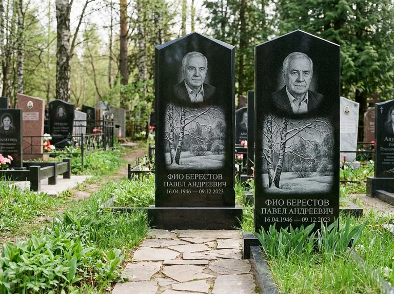 Памятник с гравировкой берёзы: массивная стела с двускатным навершием — зимняя берёза, снег на ветвях, дорожка из природного плитняка, работа «Берестов» в Альметьевске