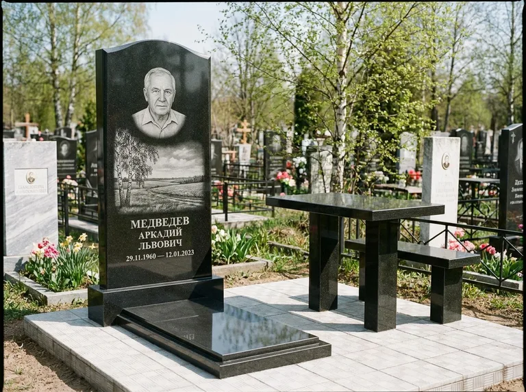 Памятник с гравировкой берёзы: стела с гранитным столиком и скамьёй — берёза у поля, простор до горизонта, семейный участок с плиткой, работа «Медведев» в Альметьевске