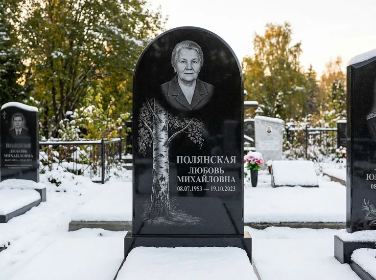 Памятник с гравировкой берёзы: полукруглая стела — объёмная одинокая берёза с фактурной корой, заснеженный зимний участок, работа «Полянская» в Альметьевске