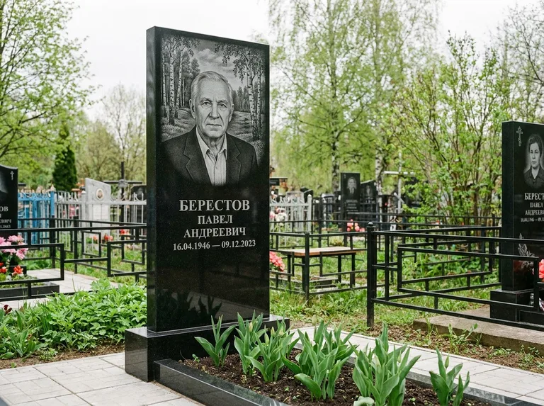 Памятник с гравировкой берёзы — гравировка берёзовой рощи в глубину, работа «Берестов» в Альметьевске