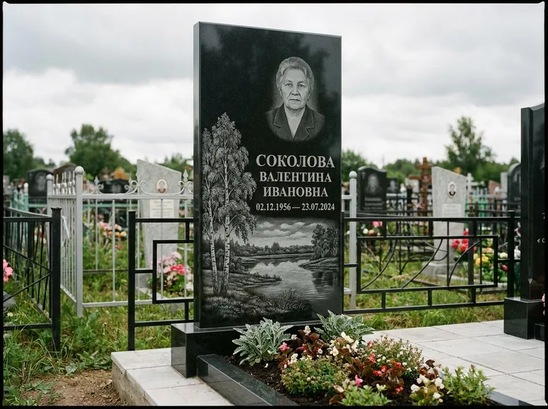 Памятник с гравировкой берёзы — гравировка берёзы у зеркального озера, работа «Соколова» в Альметьевске