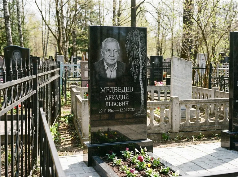 Памятник с гравировкой берёзы — гравировка плакучей берёзы с тонкими ветвями, работа «Медведев» в Альметьевске