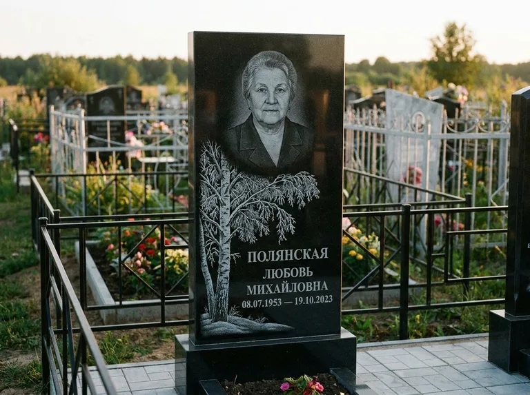 Памятник с гравировкой берёзы — гравировка зимней берёзы в инее, работа «Полянская» в Альметьевске