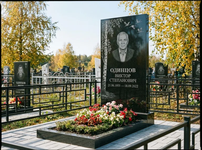 Памятник с гравировкой берёзы — гравировка берёзы с журавлиным клином в небе, работа «Одинцов» в Альметьевске