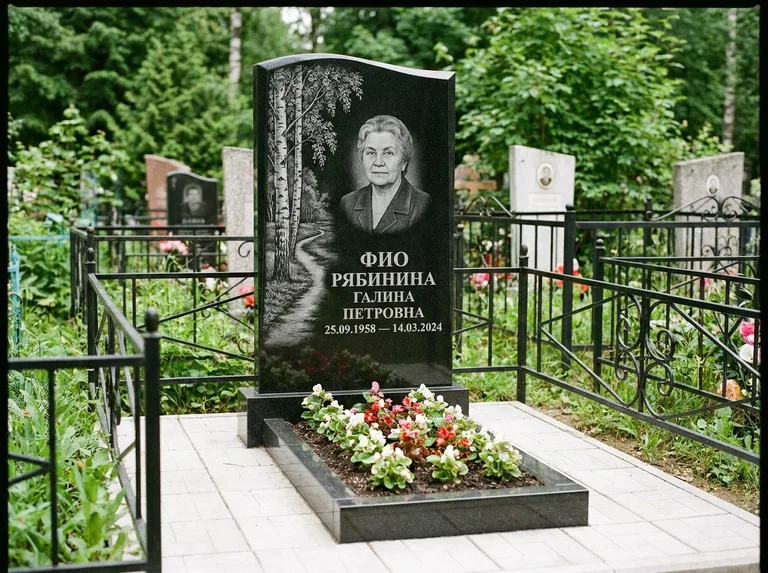 Памятник с гравировкой берёзы — гравировка берёзы у тропинки, уходящей вдаль, работа «Рябинина» в Альметьевске