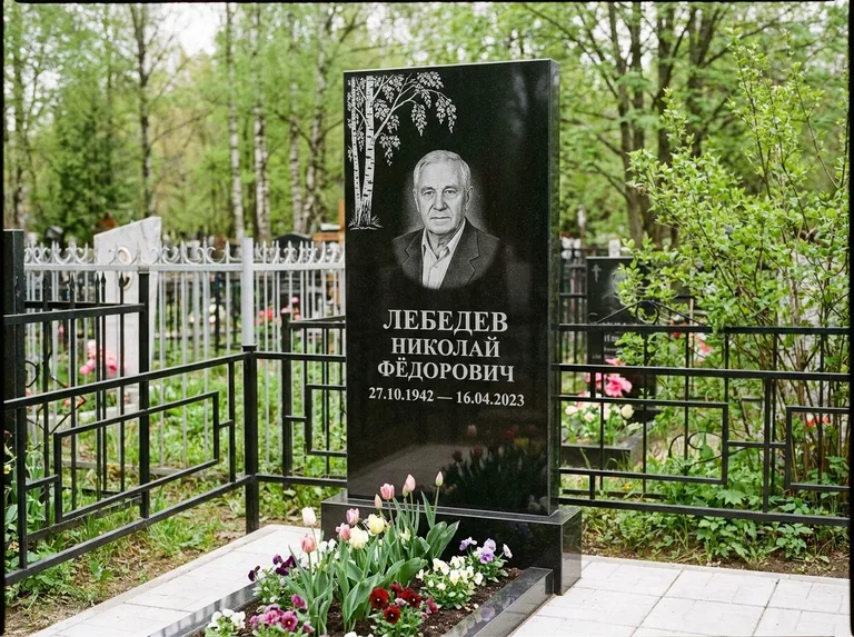 Памятник с гравировкой берёзы — гравировка одинокой берёзы над именем, работа «Лебедев» в Альметьевске