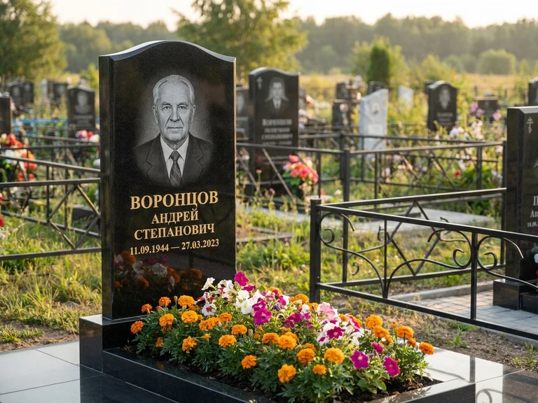 Гравировка фото на памятнике в Альметьевске — готовый гравированный портрет на чёрном граните