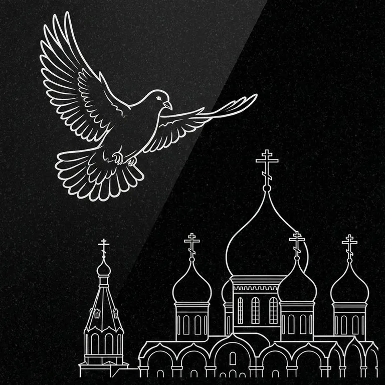 Эскиз гравировки голубей на памятник — голубь в небе над храмом в Альметьевске