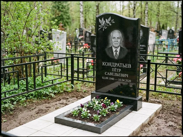 Памятник с гравировкой голубей — гравировка пары голубей на ветке в верхнем углу стелы, работа «Кондратьев» в Альметьевске