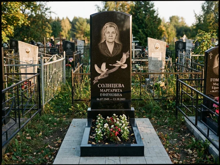 Памятник с гравировкой голубей — гравировка двух летящих голубей с лентой по диагонали стелы, работа «Солнцева» в Альметьевске