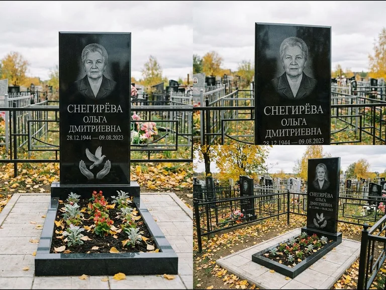 Памятник с гравировкой голубей — гравировка голубя над раскрытыми ладонями внизу стелы, работа «Снегирёва» в Альметьевске